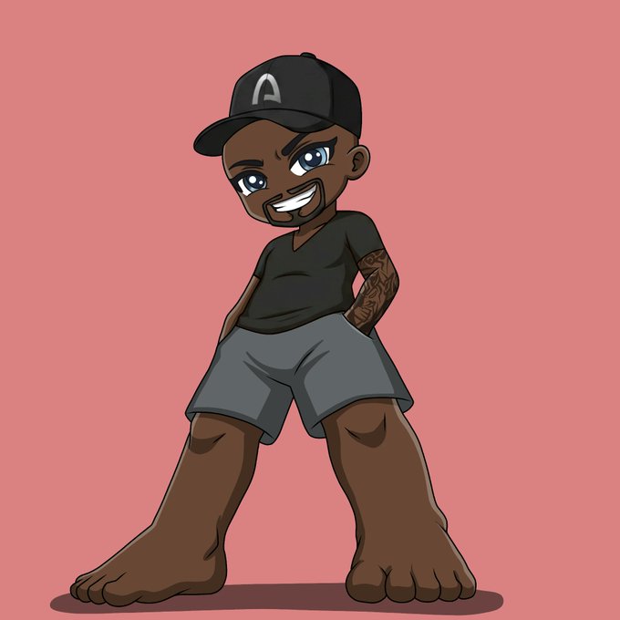 A cartoon illustration shows a confident, smiling chibi-style character with oversized feet, wearing a black t-shirt, gray shorts, and a black cap featuring the letter "A," set against a pink background—likely representing the unique 1/1 honorary NFT created to thank @samconnerone for helping recover the account.