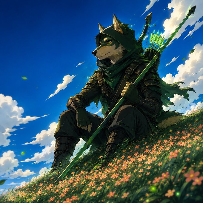 An anime-style illustration of a wolf-like anthropomorphic character wearing a green hood and armor, sitting in a flower-filled meadow holding a green staff or spear against a bright blue cloudy sky.