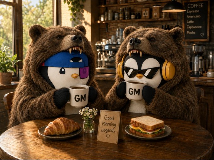 A whimsical image of two penguins wearing bear costumes sitting at a coffee shop table with croissants and a sandwich; the penguins hold mugs labeled 'GM' next to a sign reading 'Good Morning Legends' and a coffee menu.