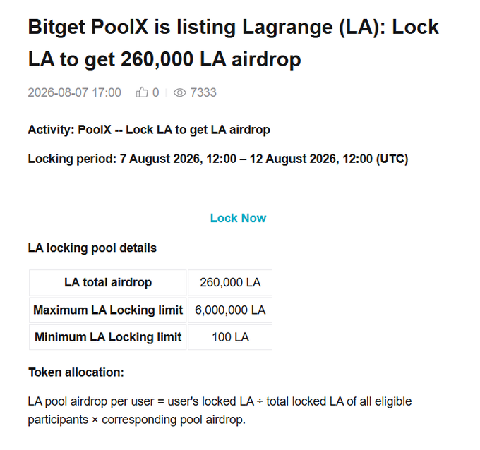 An announcement that 'Bitget PoolX is listing Lagrange (LA): Lock LA to get 260,000 LA airdrop', dated 2026-08-07 17:00 with 7333 views, detailing the locking period from 7 August to 12 August 2026 and pool details including minimum and maximum locking limits.