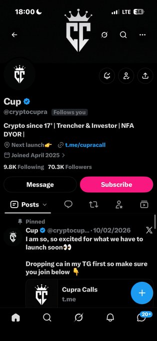 A mobile screenshot of the X (Twitter) profile for 'Cup' (@cryptocupra), a verified account with a crown 'CC' logo, bio reading 'Crypto since 17 | Trencher & Investor | NFA DYOR', joined April 2025, with 9.8K Following and 70.3K Followers, and a pinned post teasing an upcoming launch and directing followers to join the 'Cupra Calls' Telegram.