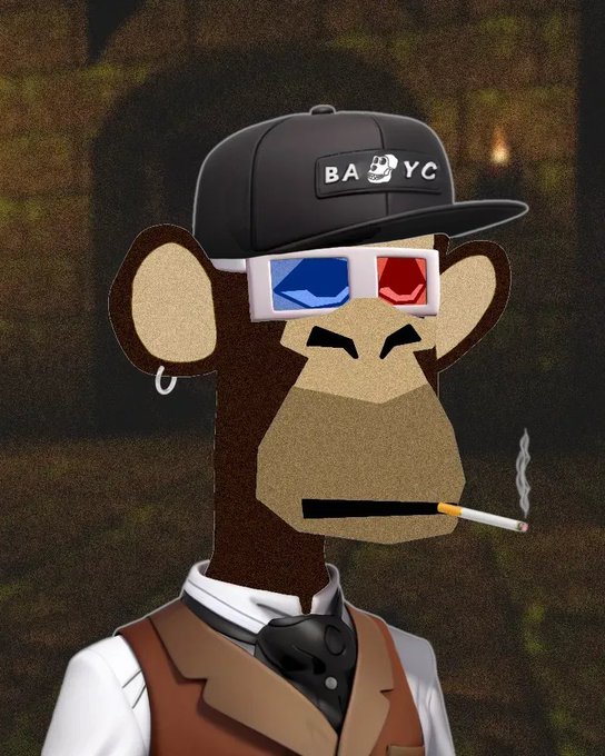 An illustration of a Bored Ape Yacht Club (BAYC) character wearing 3D glasses and a branded "BAYC" cap, smoking a cigarette and dressed in a suit and tie. The image connects to the user's post about purchasing their first BORED APE through Robinhood, referencing the popular NFT collection's iconic ape imagery.