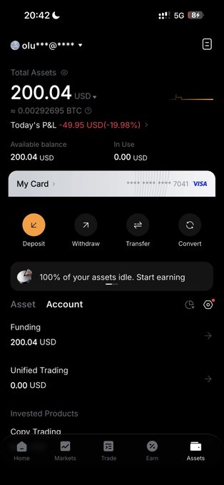 A crypto exchange app screenshot shows a user's account with total assets of 200.04 USD, available balance of 200.04 USD, and today's P&L of -49.95 USD (-19.98%), suggesting they have funds available to potentially participate in the $100 giveaway.