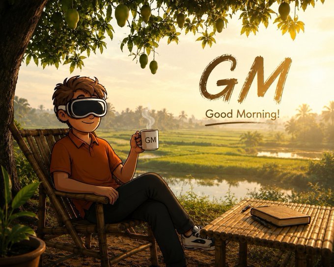 An animated illustration of a boy wearing a VR headset, sitting under a jackfruit tree holding a mug labeled "GM," with "GM Good Morning!" text displayed.