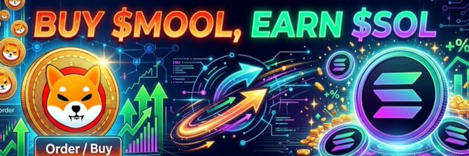 The image is a vibrant promotional banner featuring the text "BUY $MOOL, EARN $SOL" alongside a Shiba Inu mascot coin and the Solana logo, set against a neon tech background with upward arrows and growth charts. The banner visually represents the community-submitted art for the Solana-based token $MOOL, emphasizing its reward mechanism and optimistic growth potential as shared on the Moby platform.
