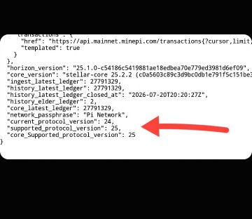 A screenshot of JSON-formatted data showing Stellar blockchain network information, with a red arrow pointing to the 'supported_protocol_version' field.