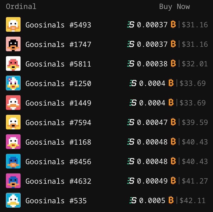 A marketplace listing shows various 'Goosinals' NFTs for sale, with prices ranging from $31.16 to $42.11 in Bitcoin.