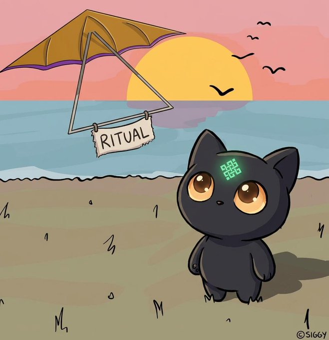 An illustrated cartoon by SIGGY featuring a small black cat character with a green digital display on its forehead standing on a beach under an umbrella labeled 'RITUAL' with a sunset background.
