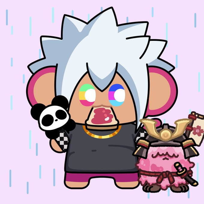 A cartoon character with spiky light blue hair, colorful eyes, and a panda on its shoulder stands next to a small pink creature dressed in samurai armor.