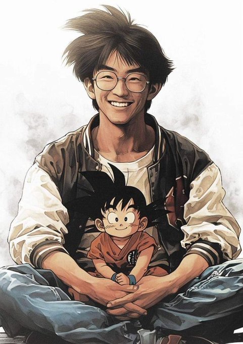 A painted illustration of a smiling young man with glasses holding a small child who resembles young Goku, both in a warm, soft-lit setting.