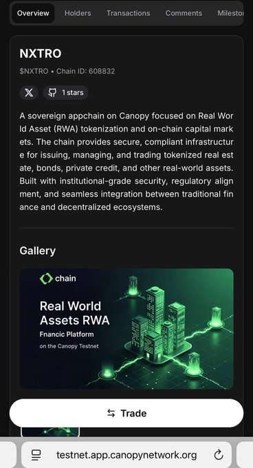 A mobile screenshot of the NXTRO page on testnet.app.canopynetwork.org, describing a sovereign appchain for Real World Asset (RWA) tokenization on the Canopy testnet.