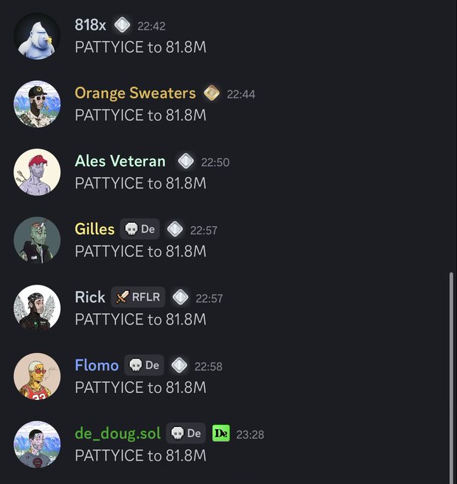 A Discord chat in the DeGods server shows multiple users (818x, Orange Sweaters, Ales Veteran, Gilles, Rick, Flomo, and de_doug.sol) all posting "PATTYICE to 81.8M" in rapid succession between 22:42 and 23:28, celebrating the token reaching an 81.8 million market cap.