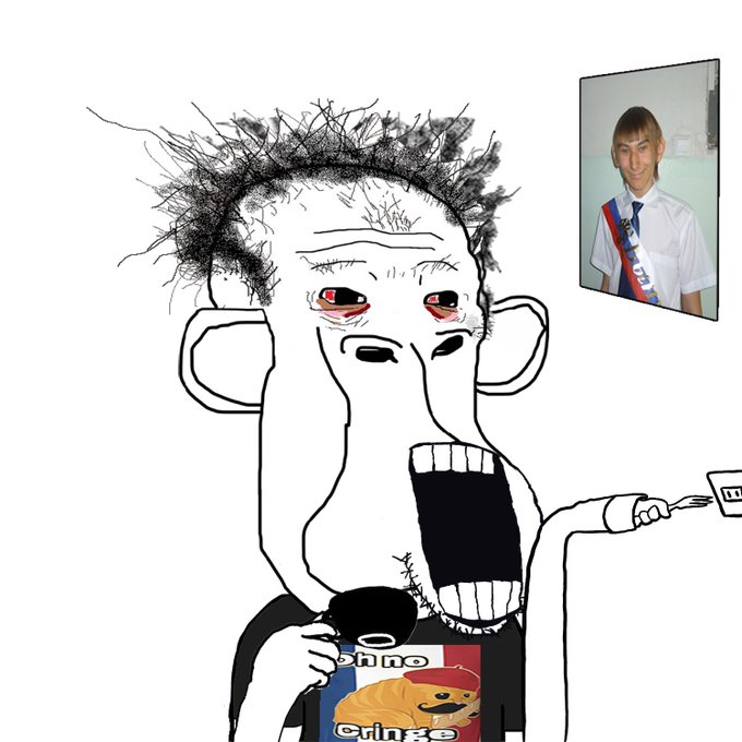A crudely drawn cartoon figure with messy hair, wide bloodshot eyes, and an open mouth, holding a microphone near a cereal box and pointing toward a photograph of a smiling person wearing a sash.