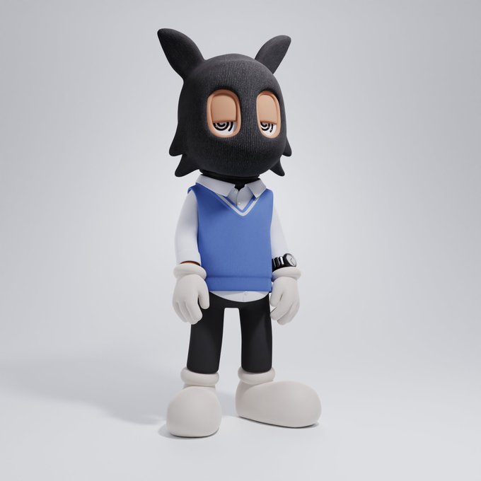 A 3D-rendered cartoon character with a black animal-like hood, wearing a blue sweater vest over a white shirt and tie, black pants, and large white shoes.