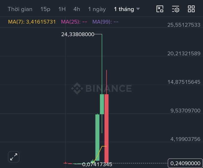 A Binance candlestick chart displayed on a 1-month timeframe shows an extreme price collapse, with the asset dropping from a peak of 24.338 to just 0.2409 (a ~100x decline), visually illustrating the post's claim of a 99% value wipeout.