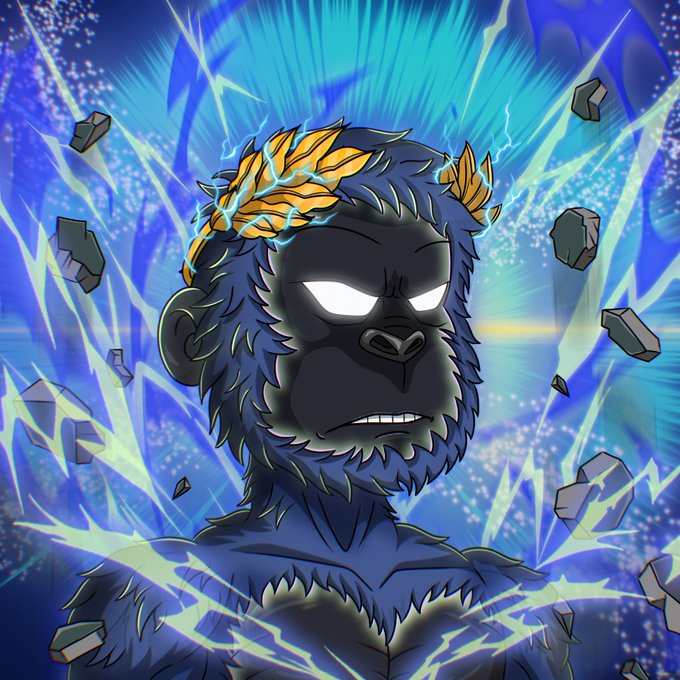 A digital illustration of a dark gorilla with glowing white eyes wearing a golden laurel wreath, surrounded by floating rocks and blue lightning energy.