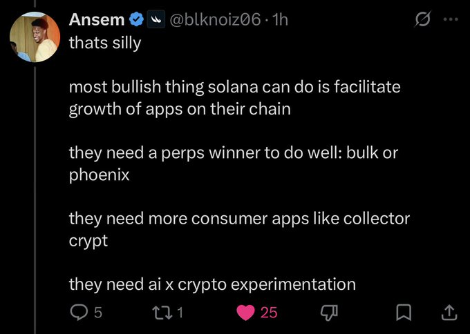 The image features a Twitter post with a caption that reads, "Most bullish thing @solana can do is facilitate growth of apps on their chain", accompanied by an image of a person's face. The post also includes a hashtag (#solana) in the caption and a link to a blog post about phoenix.