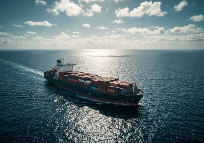 An aerial view shows a large cargo ship loaded with containers sailing on the ocean under a sunny, cloudy sky.