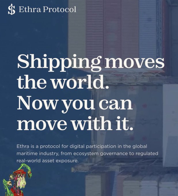 An advertisement for 'Ethra Protocol' featuring the text 'Shipping moves the world. Now you can move with it,' and describing it as a protocol for digital participation in the global maritime industry.