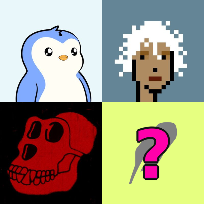 A four-panel image displays representative NFT mascots from major chains (a blue penguin for Pudgy Penguins, a pixelated figure for NodeMonkes, a red skull for Final Bosu) alongside a pink question mark representing the yet-to-be-established defining NFT of the Robinhood Chain.