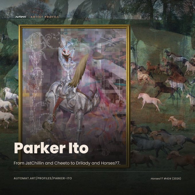 A digital art profile on AUTOMAT titled 'Parker Ito' with the description 'From JstChillin and Cheeto to Drilady and Horses??.', featuring a framed artwork of a silver-armored figure on horseback overlaid on a Renaissance-style painting filled with running horses.