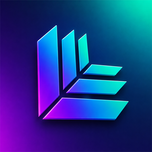 A stylized 3D logo featuring blue and teal gradient geometric shapes forming an abstract 'L' or building-like design against a dark purple and green background.