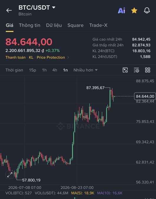 A Binance trading chart showing the BTC/USDT pair at 84.644,00 USDT (+0,37%), with a 1-month candlestick view depicting Bitcoin's rebound from a low of 57.800,19 to a peak of 87.395,67 before pulling back to the current range of 82.364–84.644.