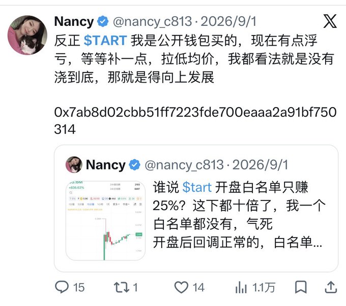 A Twitter post by Nancy (@nancy_c813) discussing her open wallet purchase of $START token, mentioning she is at a slight loss and waiting to buy more to lower the average cost, with a quoted post showing a 25% gain on the opening day.