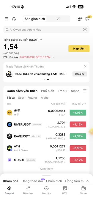 A Vietnamese cryptocurrency exchange interface (Binance) showing an estimated total value of 1.54 USDT and a list of tokens including TEN, RIVERUSDT, RAVEUSDT, ATH, and MUSDT with their current prices and 24-hour changes.