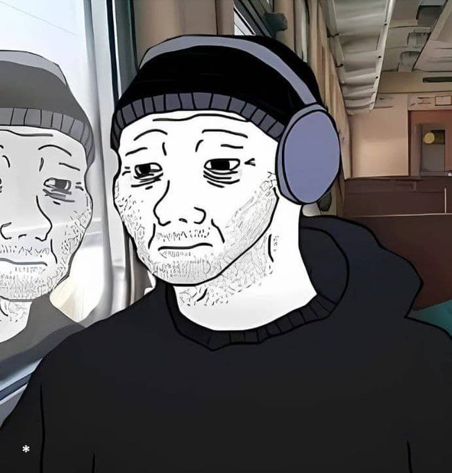 A stylized cartoon-like edited image depicts a man wearing a black beanie and headphones, with a solemn, drawn-on expression, reflected in a mirror.