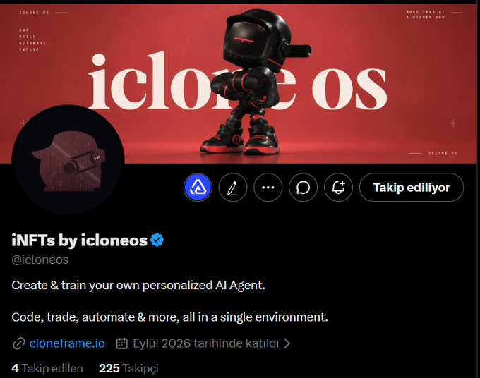 A Twitter/X profile for 'iNFTs by icloneos' (@icloneos) with a banner reading 'iclone os', stating 'Create & train your own personalized AI Agent' and linking to cloneframe.io.