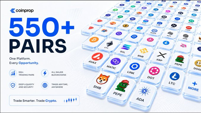 A promotional graphic for "coinprop" advertising "550+ PAIRS" of cryptocurrencies, showing icons for tokens like AVAX, MATIC, LINK, BNB, XRP, PEPE, SHIB, DOT, LTC, ADA, and more on stylized 3D blocks.