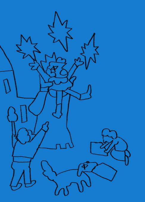 A blue line drawing depicts a person throwing star-shaped fireworks, a child pointing upward, and another person kneeling near a dog.