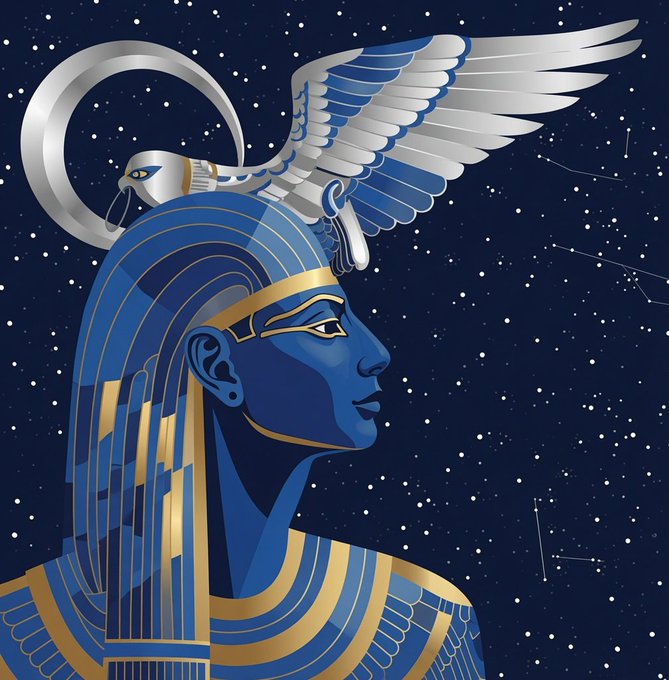 A stylized illustration of an Egyptian pharaoh in blue and gold with a winged cobra headdress, set against a starry night sky background.
