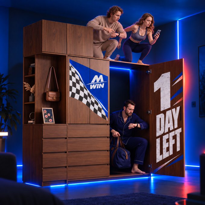 A countdown advertisement shows people inside a large cabinet with "1 DAY LEFT" displayed on the door and a checkered flag bearing "MEXC WIN" branding, while one person climbs out with a duffel bag—visually reinforcing the urgency to register before the MEXC Futures Activity $10M prize pool registration window closes tomorrow.