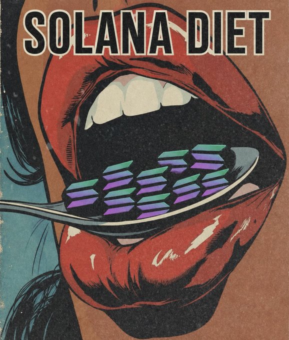 A stylized pop-art illustration of a wide-open mouth on a spoon, with the text 'SOLANA DIET' at the top and iridescent purple and teal bars resembling a chart on the tongue.