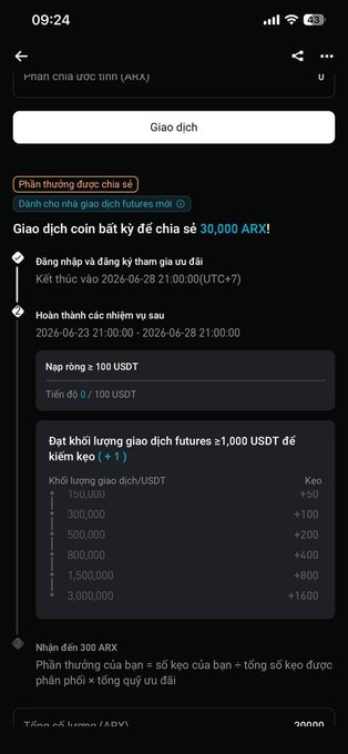 A mobile screenshot of Bitget's CandyBomb ARX airdrop page in Vietnamese, showing a task to deposit ≥100 USDT (with 0/100 USDT progress) and trade futures volumes of up to 1,500,000 USDT for a potential 30,000 ARX reward, with the completed period running from June 23-28, 2026. The post references this exact airdrop program, noting the user's strategy of completing the trading tasks during the event window.
