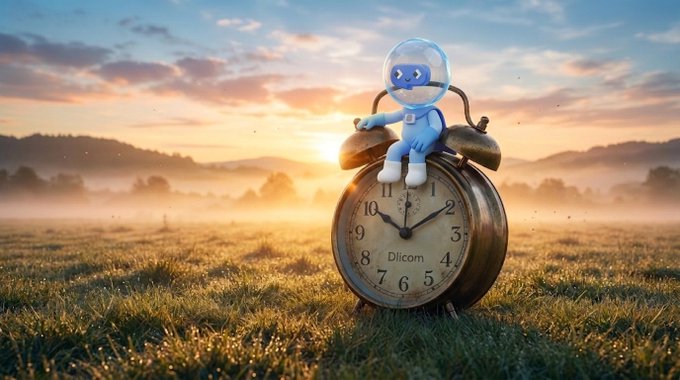 The image features a small robot, possibly a toy or a doll, sitting on an old-fashioned clock that has Roman numerals for hours. The clock appears to be made of metal with a wooden base. The setting seems to be outdoors during sunrise or sunset, as there are clouds in the sky and the sun is rising behind them. The post includes text such as "Good Morning! The first bell of the new day is ringing Let' s dream bigger today Let' s go further Dlicom @DlicomApp #Dlicom".