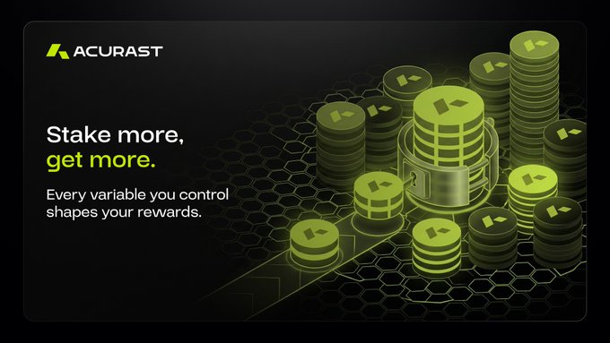 An advertisement for 'ACURAST' with the tagline 'Stake more, get more. Every variable you control shapes your rewards,' accompanied by illustrations of stacked green coins.