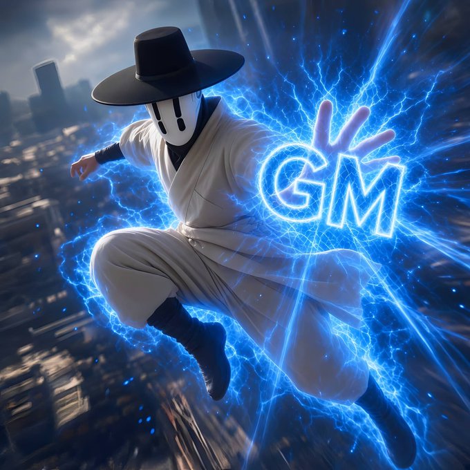 A dynamic 3D-rendered character in a white robe and wide-brimmed black hat leaps through the air surrounded by blue electrical energy, with the text "GM" glowing in the center.