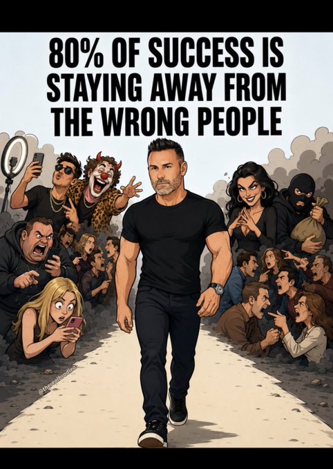 An illustration featuring a calm, muscular man walking away from a chaotic crowd of negative people, accompanied by the text "80% OF SUCCESS IS STAYING AWAY FROM THE WRONG PEOPLE." This reinforces the "Btc fam" message by encouraging investors to ignore the noise and negativity often found in mainstream social circles or markets.