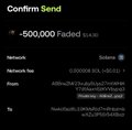 A cryptocurrency confirmation screen showing a send transaction of -500,000 Faded, followed by a Bitcoin (BTC/USD) candlestick chart on a 5-minute Coinbase timeframe displaying spot selling activity.