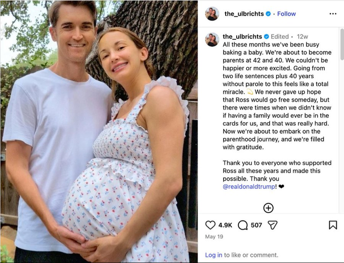 An Instagram post from "the_ulbrichts" showing a pregnant couple, with caption discussing Ross Ulbricht becoming a father at 42 and 40, tagging @realdonaldtrump.