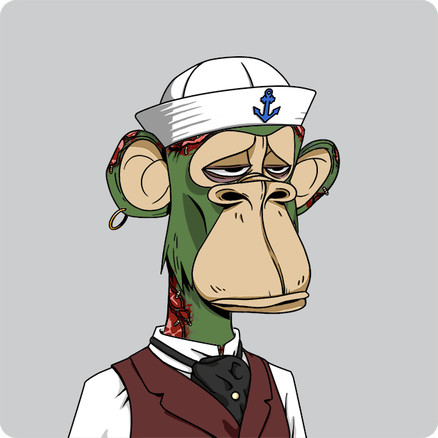 A cartoon illustration of a sad green monkey wearing a white sailor cap with an anchor symbol, a maroon vest, and a black cravat, recognizable as a Bored Ape Yacht Club NFT.