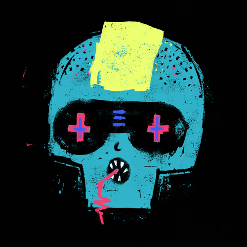 A blue robotic skull character with glowing pink plus-sign eyes, a yellow notepad on its head, and a striped straw in its mouth, set against a black background. The image aligns with the post's description of "Grifter #444," serving as the unique NFT artwork that sold for 12.01Ξ on OpenSea.