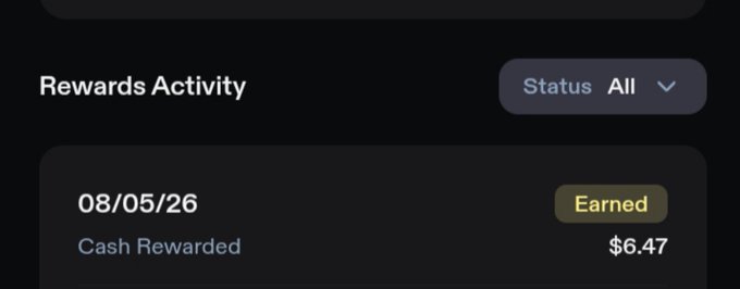 A "Rewards Activity" screen on PhoenixTrade shows a Cash Reward of $6.47 earned on 08/05/26, matching the user's mention of receiving $6.4 from a flight club position.