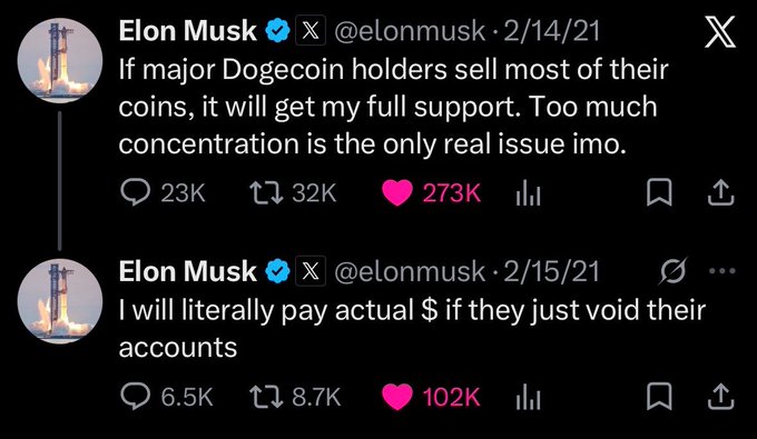 The image shows two tweets from Elon Musk (@elonmusk) dated 2/14/21 and 2/15/21, where he urges major Dogecoin holders to sell their coins to reduce concentration and even offers to pay actual dollars if they void their accounts. These earlier tweets contrast with the post's commentary about why Musk now remains silent on Dogecoin—so as not to drive the price higher during its long-term vision of universal distribution.