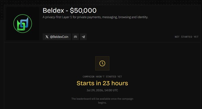 An airdrop or campaign page for 'Beldex - $50,000' showing the site is not started yet, with a countdown indicating 'Starts in 23 hours' on Jul 29, 2026, 14:00 UTC.