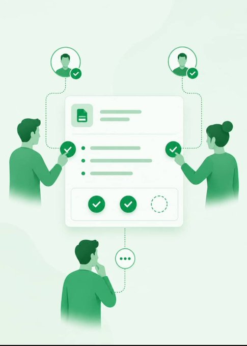A green-toned illustration showing three people interacting with a document featuring checkmarks and progress indicators, symbolizing collaboration and task completion.