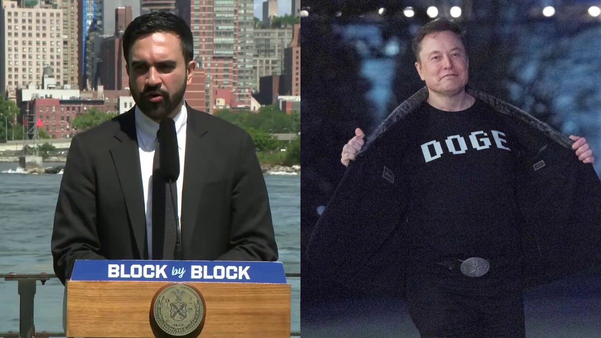 The image features two men, one wearing a suit and tie speaking into a microphone at a podium, while the other man wears a black shirt with white text reading "DOGE" and holds up his jacket. The background of the image shows a city skyline, suggesting that they are in an urban setting. The caption for the image reads: "LMAO!! Ugandan Mayor Mamdani just COPED Elon Musk and President Trump's DOGE, forming 'COGE' in NYC - the Commission on Government Efficiency You gotta be kidding me Mamdani whines: 'Elon Musk manipulated the fact that so many people across this country want to see a'. Focus on what is in the image and how it relates to the post."